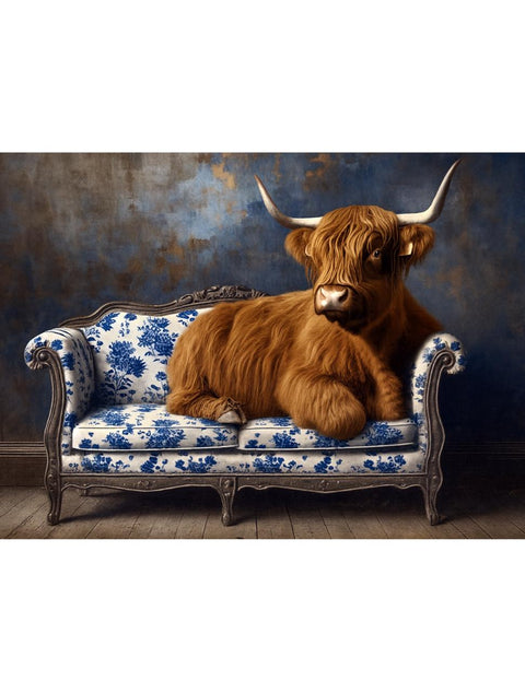 A fluffy Highland cow with long horns lies on an ornate blue and white floral-patterned sofa in a rustic room with wooden floors and a textured blue-brown wall.