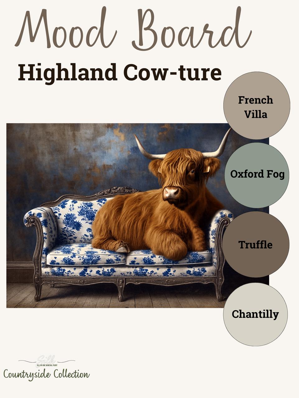 A mood board titled "Highland Cow-ture" featuring a Highland cow lying on a blue and white floral sofa, with four color swatches: French Villa, Oxford Fog, Truffle, and Chantilly.