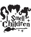 Stylized black silhouettes of three women’s hairstyles, along with the text "I Smell Children" in a whimsical font, surrounded by small stars and a witch's broomstick, all on a white background.