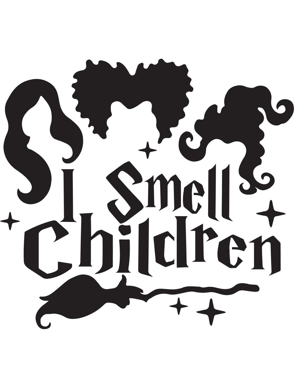 Stylized black silhouettes of three women’s hairstyles, along with the text "I Smell Children" in a whimsical font, surrounded by small stars and a witch's broomstick, all on a white background.