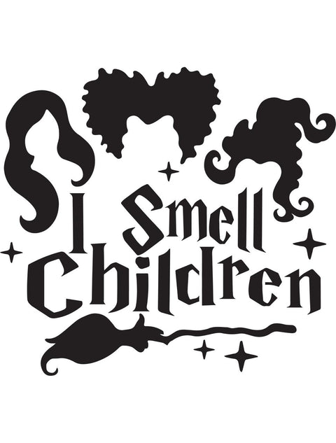 Stylized black silhouettes of three women’s hairstyles, along with the text "I Smell Children" in a whimsical font, surrounded by small stars and a witch's broomstick, all on a white background.