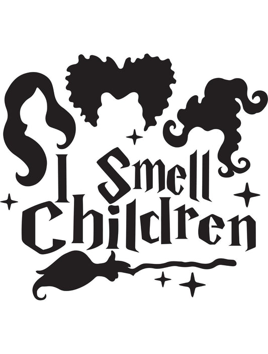 Stylized black silhouettes of three women’s hairstyles, along with the text "I Smell Children" in a whimsical font, surrounded by small stars and a witch's broomstick, all on a white background.