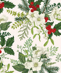 Three holiday-themed patterns are shown: On the left, a white background with green pine leaves and white flowers.