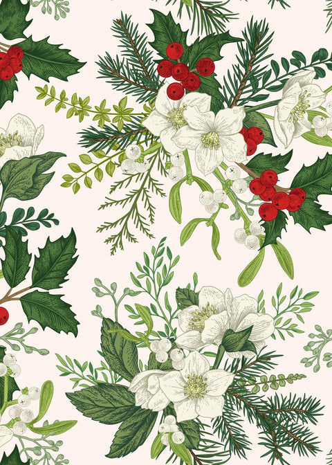 Three holiday-themed patterns are shown: On the left, a white background with green pine leaves and white flowers.