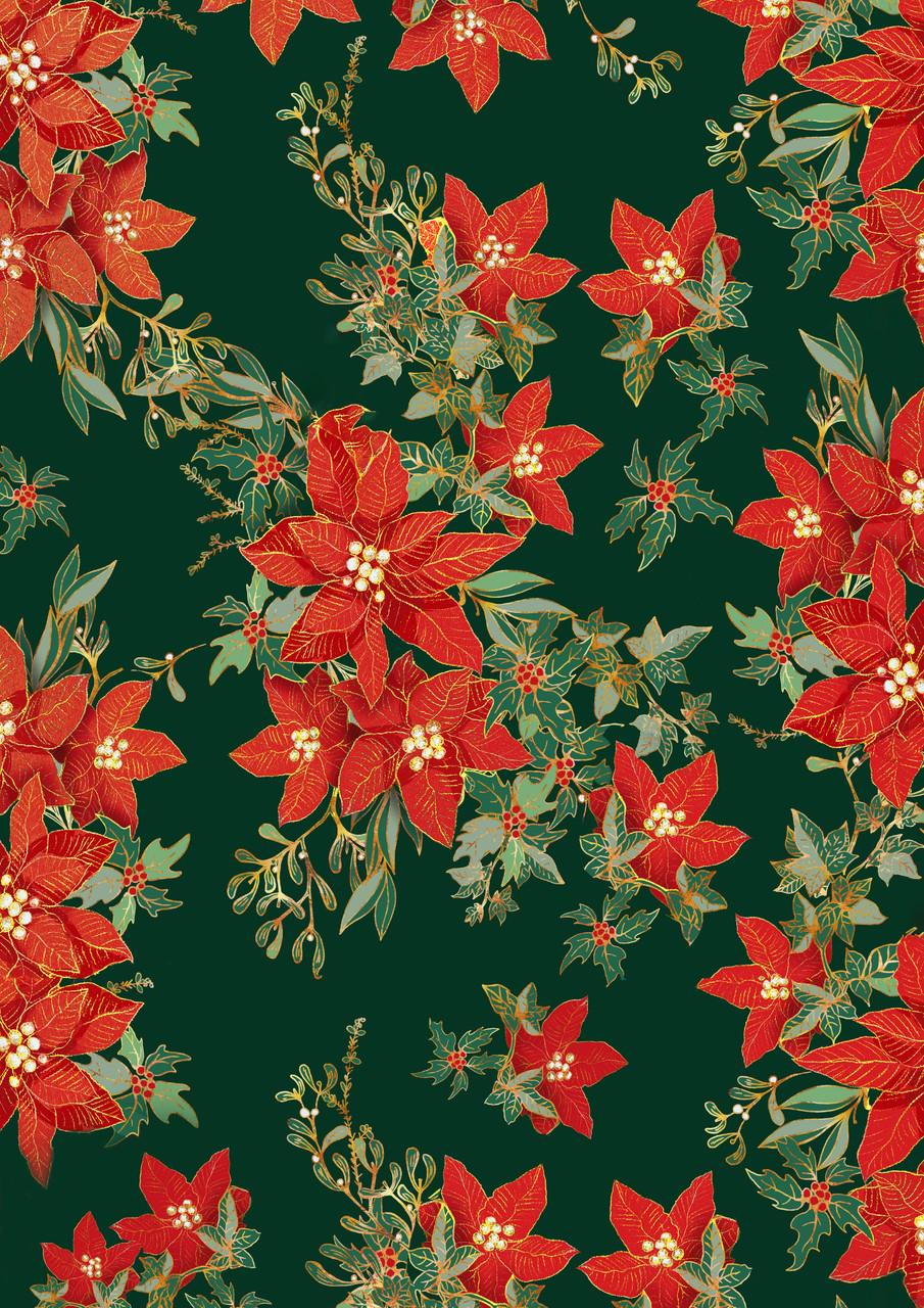 Three holiday-themed patterns are shown: on the right, a dark green background with red poinsettias and green foliage.