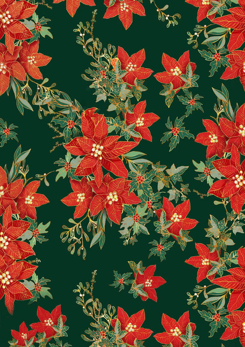 Three holiday-themed patterns are shown: on the right, a dark green background with red poinsettias and green foliage.