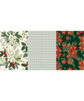 Three holiday-themed patterns are shown: On the left, a white background with green pine leaves and white flowers; in the center, a green and white gingham check; on the right, a dark green background with red poinsettias and green foliage.