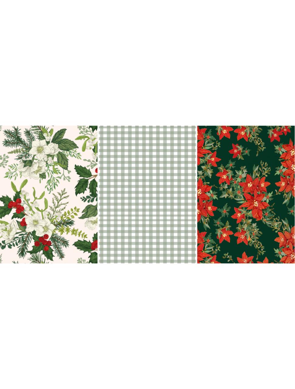 Three holiday-themed patterns are shown: On the left, a white background with green pine leaves and white flowers; in the center, a green and white gingham check; on the right, a dark green background with red poinsettias and green foliage.