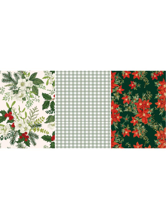 Three holiday-themed patterns are shown: On the left, a white background with green pine leaves and white flowers; in the center, a green and white gingham check; on the right, a dark green background with red poinsettias and green foliage.