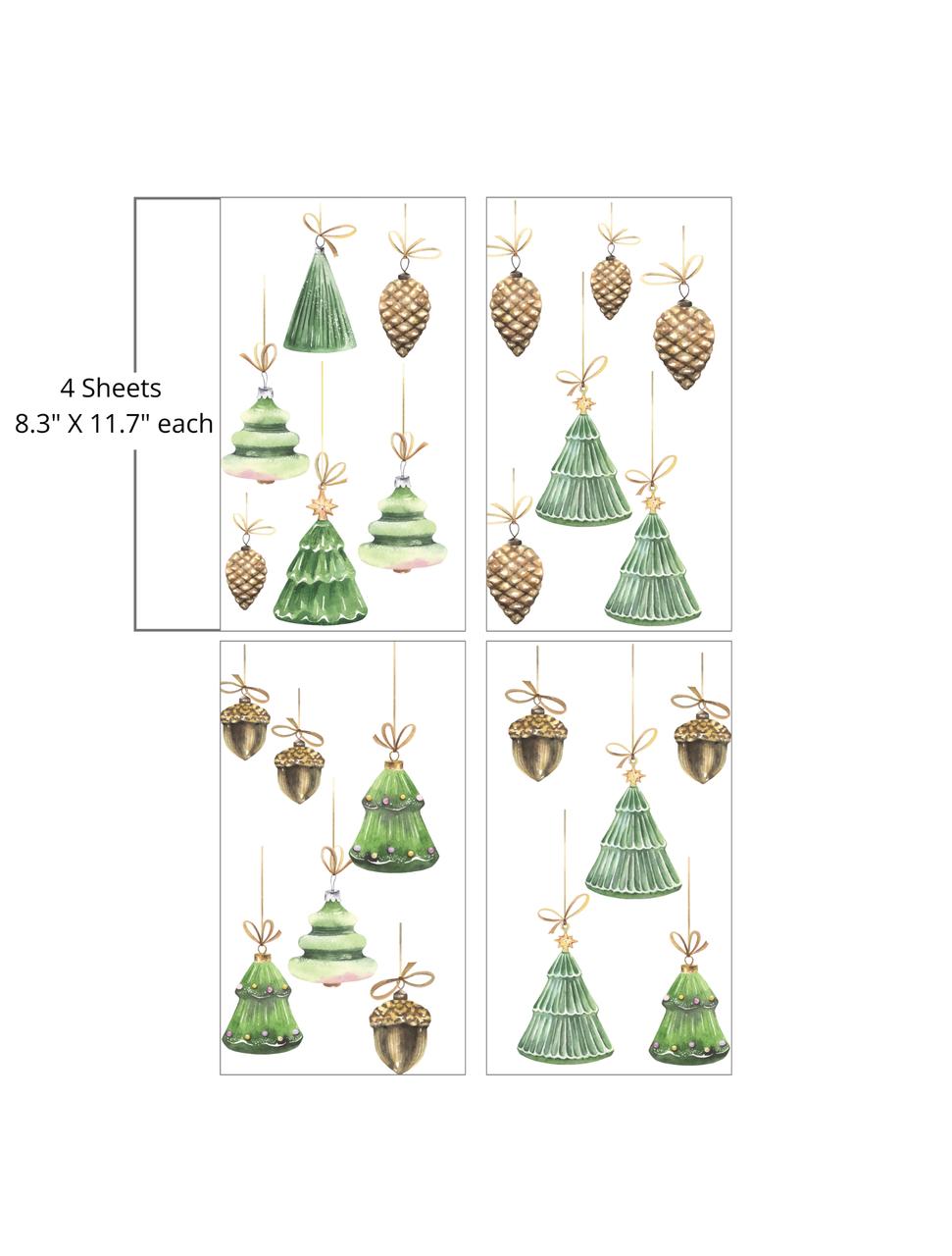 Four sheets of Christmas-themed transfer measuring 8.3 by 11.7 inches each. Each sheet features green Christmas trees, brown pine cones, and gold acorns, all adorned with bows. The stickers are arranged in a festive pattern on a white background.