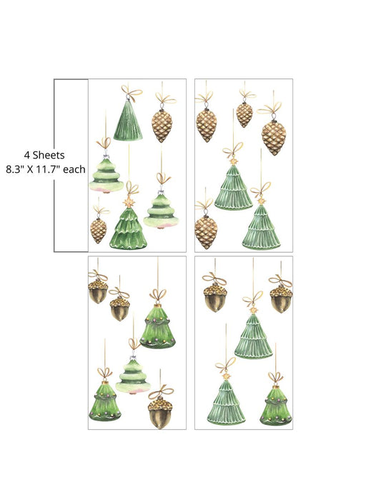 Four sheets of Christmas-themed transfer measuring 8.3 by 11.7 inches each. Each sheet features green Christmas trees, brown pine cones, and gold acorns, all adorned with bows. The stickers are arranged in a festive pattern on a white background.