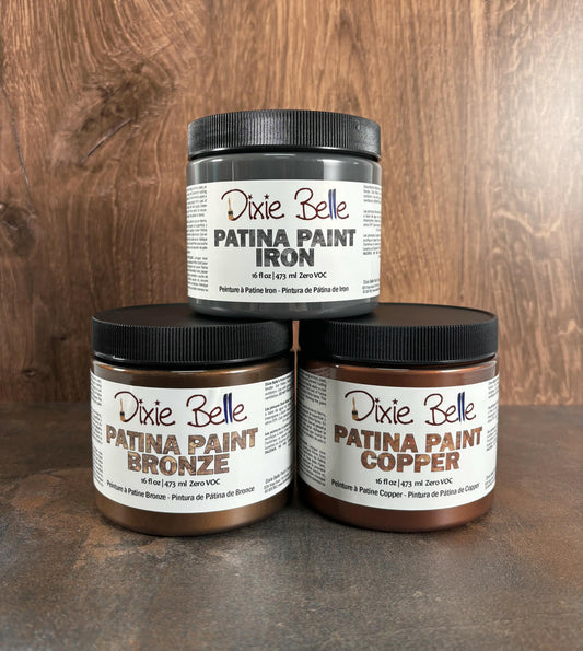 Dixie Belle Paint Patina Paint creates real rust! 16 oz. Iron, Copper and Bronze Patina Paint stacked.