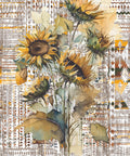 A vibrant watercolor painting of sunflowers against a patterned, abstract background with various geometric shapes and textures in shades of beige, green, and yellow.