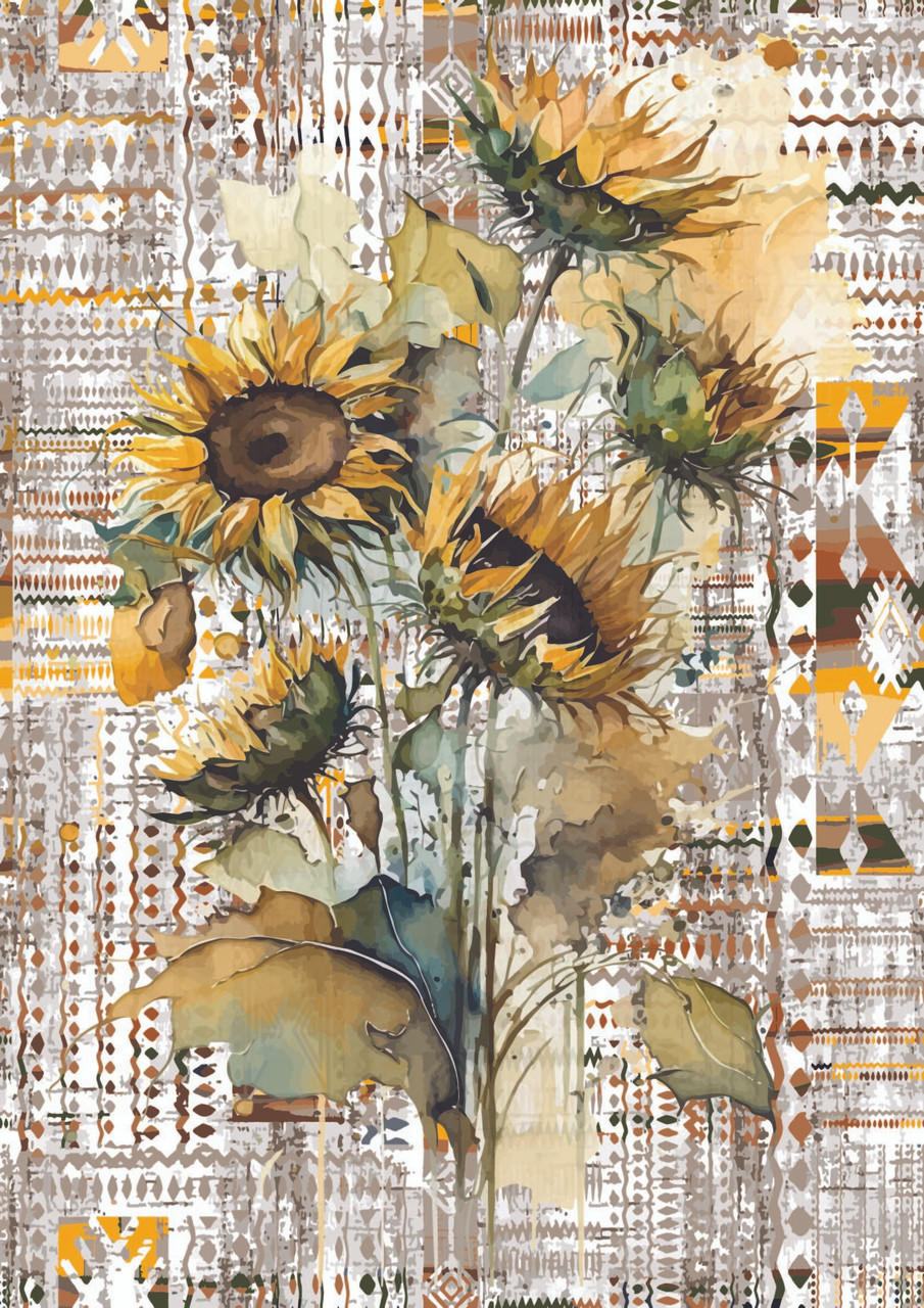 A vibrant watercolor painting of sunflowers against a patterned, abstract background with various geometric shapes and textures in shades of beige, green, and yellow.