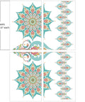 Image of the Kaleidoscope Transfer, Two sunburst pattern with blue, teal, green, and orange symmetrical patterns. A line of ornaments type patterns. In the center is a split symmetrical single vase pattern with the blue, green, orange and teal color pattern. "4 Sheets - 12 in. x 18.6 in. each"