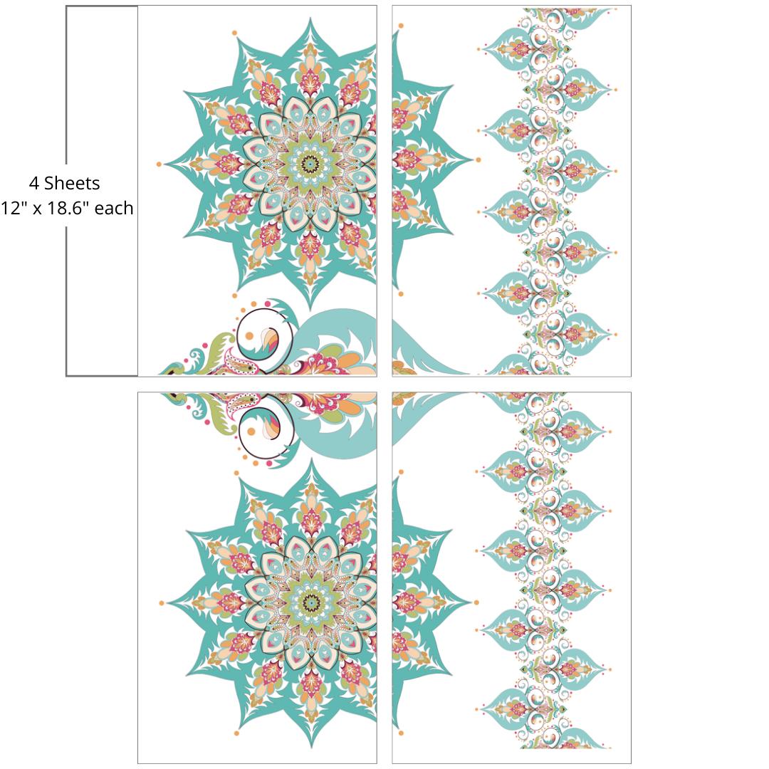 Image of the Kaleidoscope Transfer, Two sunburst pattern with blue, teal, green, and orange symmetrical patterns. A line of ornaments type patterns. In the center is a split symmetrical single vase pattern with the blue, green, orange and teal color pattern. "4 Sheets - 12 in. x 18.6 in. each"