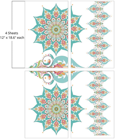 Image of the Kaleidoscope Transfer, Two sunburst pattern with blue, teal, green, and orange symmetrical patterns. A line of ornaments type patterns. In the center is a split symmetrical single vase pattern with the blue, green, orange and teal color pattern. "4 Sheets - 12 in. x 18.6 in. each"