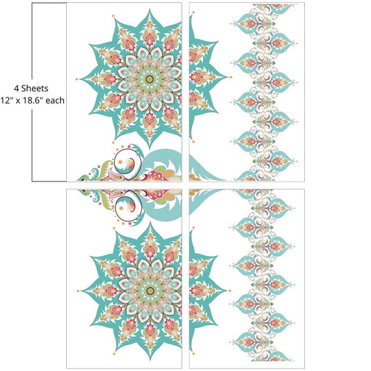 Image of the Kaleidoscope Transfer, Two sunburst pattern with blue, teal, green, and orange symmetrical patterns. A line of ornaments type patterns. In the center is a split symmetrical single vase pattern with the blue, green, orange and teal color pattern. "4 Sheets - 12 in. x 18.6 in. each"