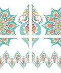 Image of the Kaleidoscope Transfer, Two sunburst pattern with blue, teal, green, and orange symmetrical patterns. A line of ornaments type patterns. In the center is a split symmetrical single vase pattern with the blue, green, orange and teal color pattern.