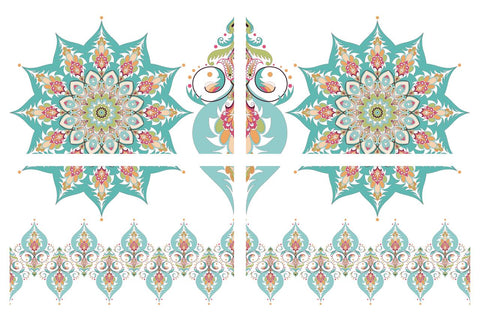 Image of the Kaleidoscope Transfer, Two sunburst pattern with blue, teal, green, and orange symmetrical patterns. A line of ornaments type patterns. In the center is a split symmetrical single vase pattern with the blue, green, orange and teal color pattern.