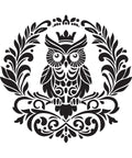 A black and white intricate illustration of an owl adorned with ornate patterns, surrounded by symmetrical, decorative leaves and floral motifs, with a small crown above its head. The design is symmetrical and highly detailed.