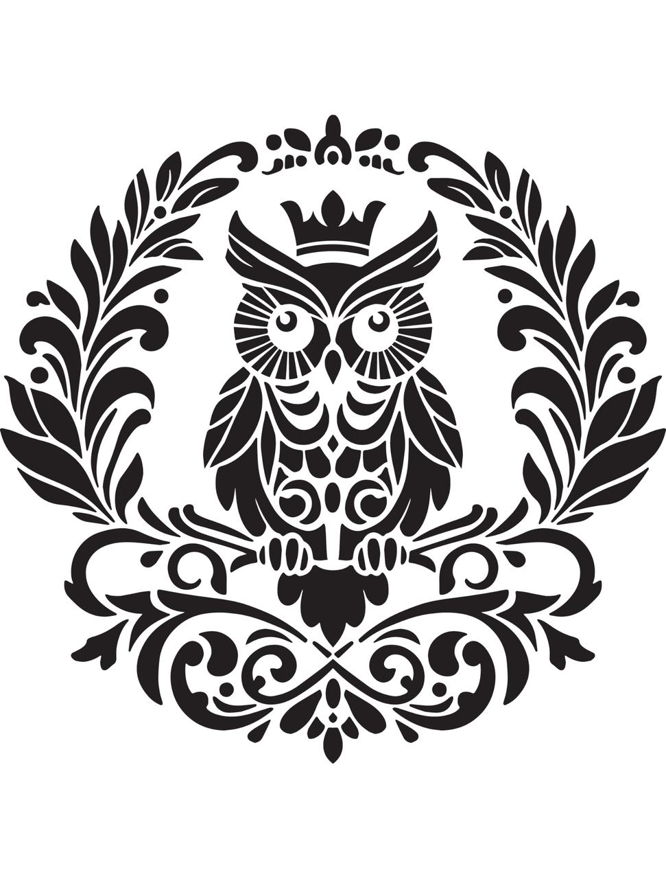 A black and white intricate illustration of an owl adorned with ornate patterns, surrounded by symmetrical, decorative leaves and floral motifs, with a small crown above its head. The design is symmetrical and highly detailed.