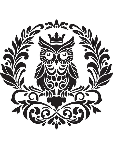 A black and white intricate illustration of an owl adorned with ornate patterns, surrounded by symmetrical, decorative leaves and floral motifs, with a small crown above its head. The design is symmetrical and highly detailed.