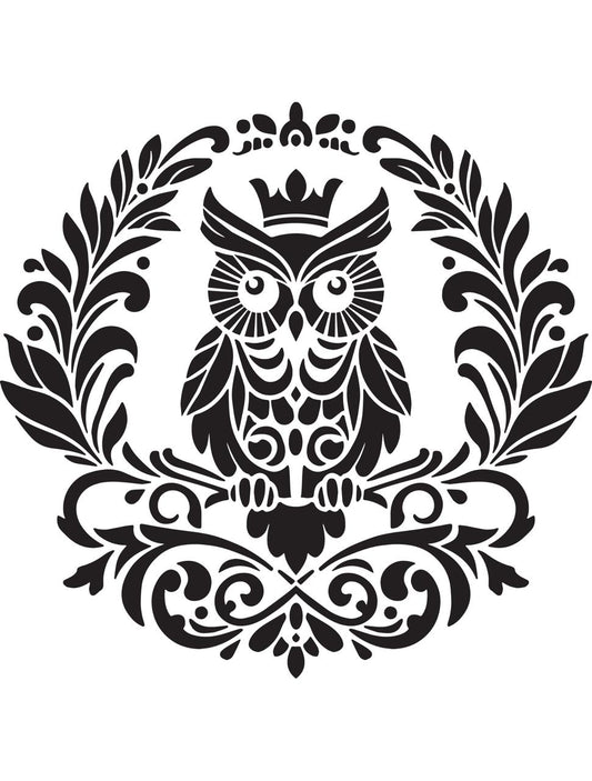 A black and white intricate illustration of an owl adorned with ornate patterns, surrounded by symmetrical, decorative leaves and floral motifs, with a small crown above its head. The design is symmetrical and highly detailed.