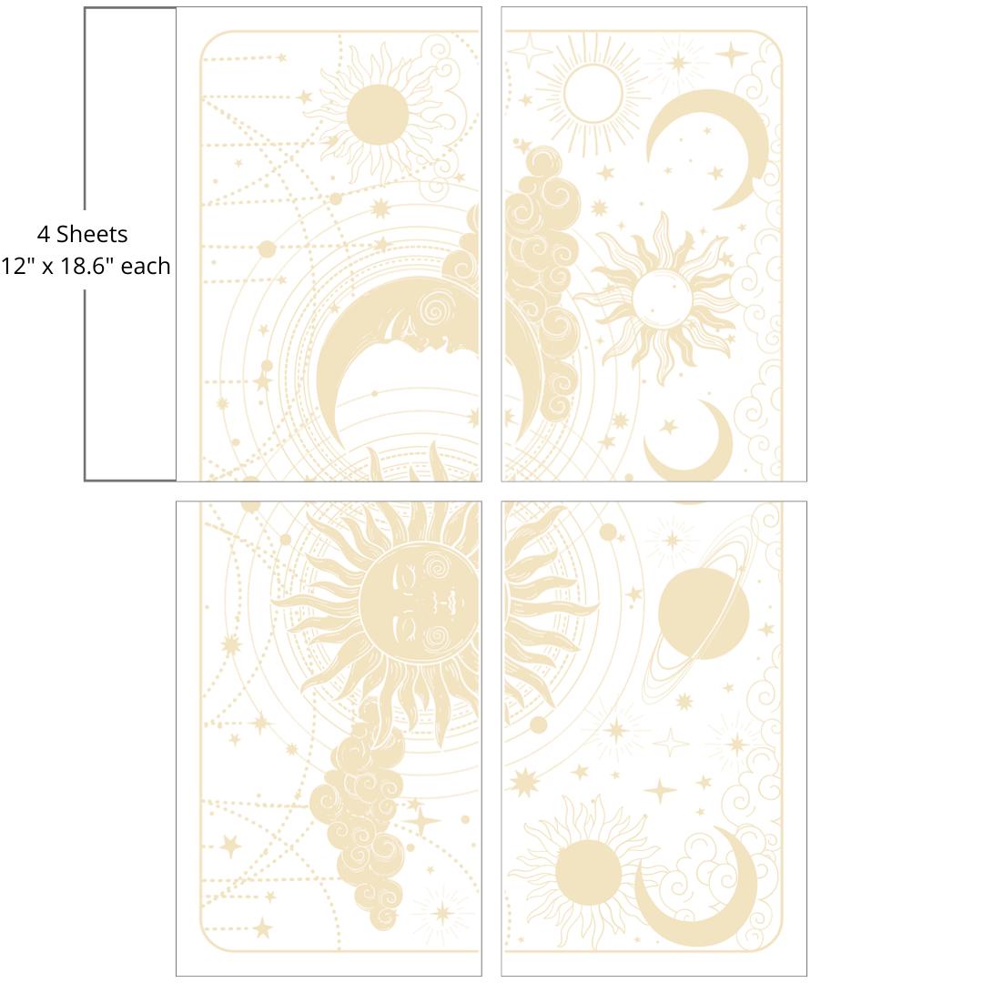 Image of Lani's Celestial Dream Transfer. A sun with many sunrays coming off of it, next to a crescent moon sitting on a cloud. Below them are other suns and moons and an image of Saturn. There are beads hanging down from the top crisscrossing throughout the image. There are stars all throughout the transfer. "4 Sheets - 12 in/ x 18.6 in. each"