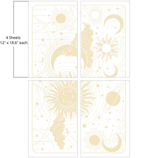 Image of Lani's Celestial Dream Transfer. A sun with many sunrays coming off of it, next to a crescent moon sitting on a cloud. Below them are other suns and moons and an image of Saturn. There are beads hanging down from the top crisscrossing throughout the image. There are stars all throughout the transfer. "4 Sheets - 12 in/ x 18.6 in. each"