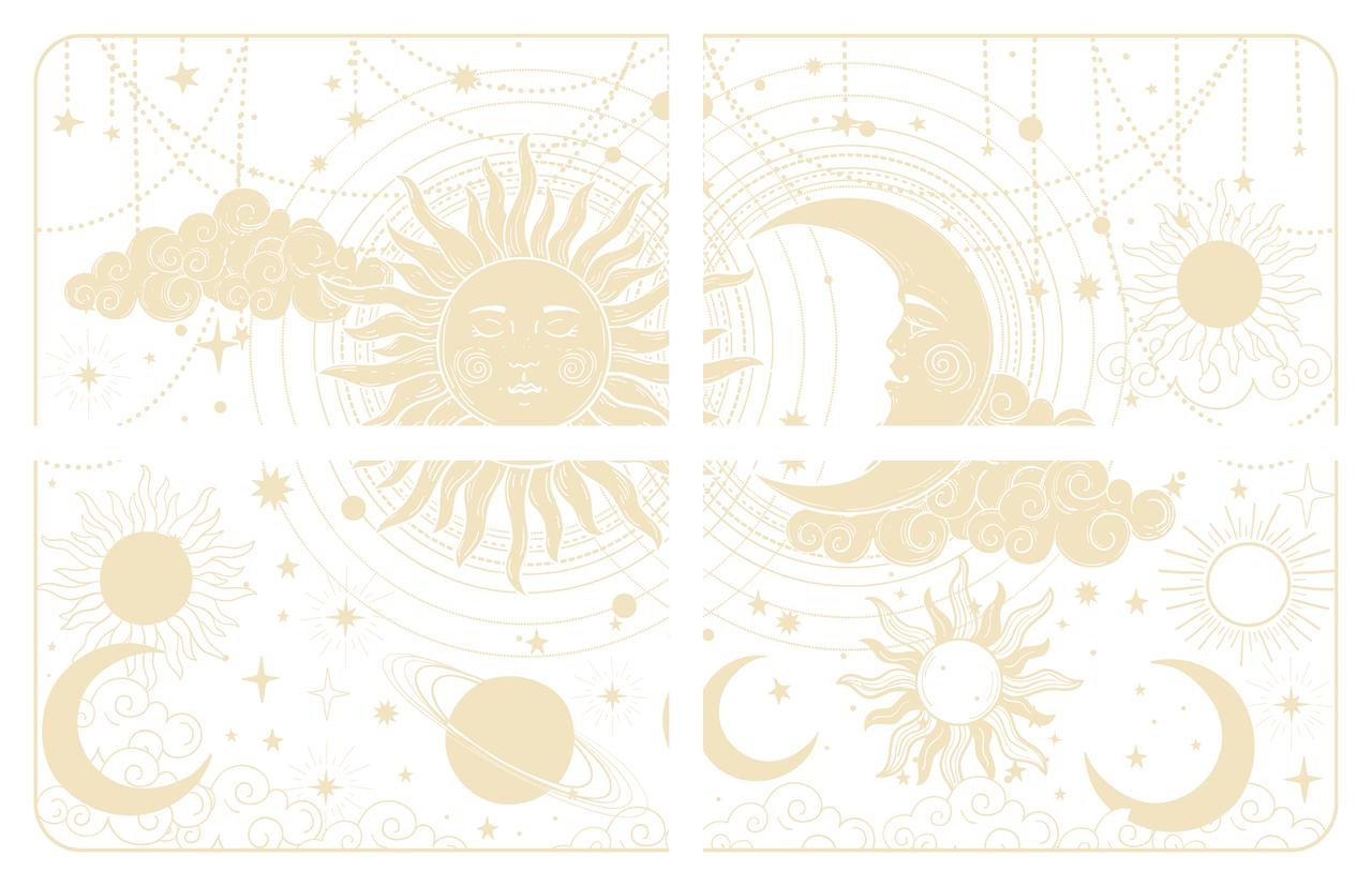 Image of Lani's Celestial Dream Transfer. A sun with many sunrays coming off of it, next to a crescent moon sitting on a cloud. Below them are other suns and moons and an image of Saturn. There are beads hanging down from the top crisscrossing throughout the image. There are stars all throughout the transfer.