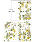 Seamless pattern of illustrations featuring clusters of vibrant yellow lemons with green leaves and white blossoms. "3 Sheets- 8 in x 12 in. each"