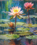 A digital painting of a serene pond scene featuring two vibrant water lilies, one pink and one yellow, surrounded by green lily pads on a reflective water surface.