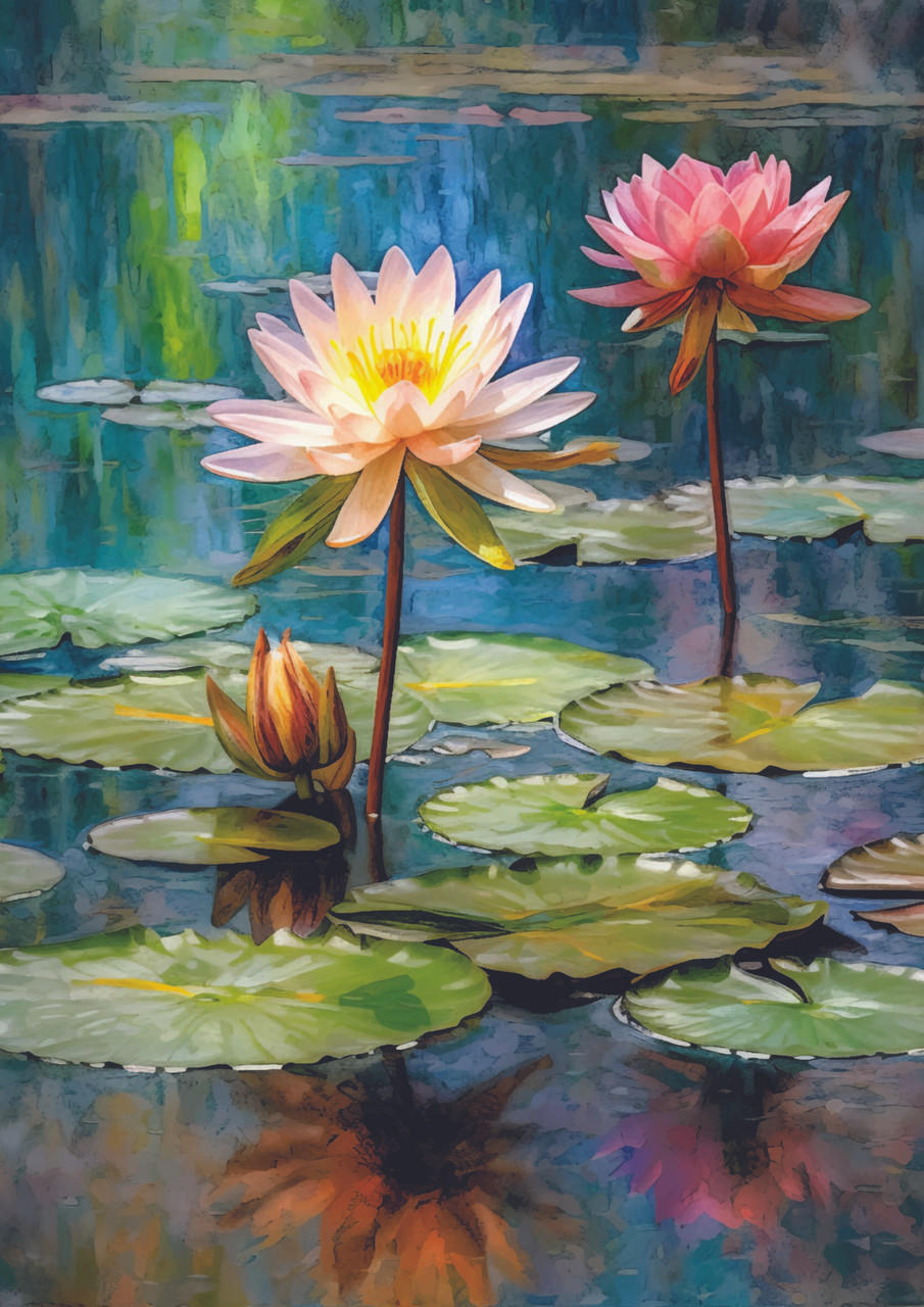 A digital painting of a serene pond scene featuring two vibrant water lilies, one pink and one yellow, surrounded by green lily pads on a reflective water surface.