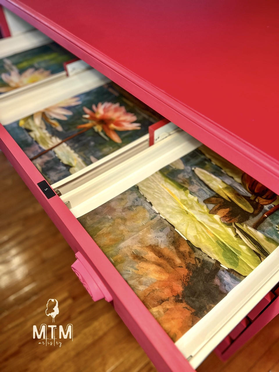 Red painted lingerie cabinet with the Lily Pads Decoupage Paper applied on the inside of the drawers.