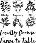 Belles and Whistles Locally Grown - Stencil provides an extra decorative touch to any project! Image of the Locally Grown Stencil. Six different herbs with the name and picture of the herb, Thyme, Basil, Parsley, Cilantro, Rosemary, and Dill. Beneath the herbs, there is large text that says "Locally Grown" and underneath that it says "Farm to Table."