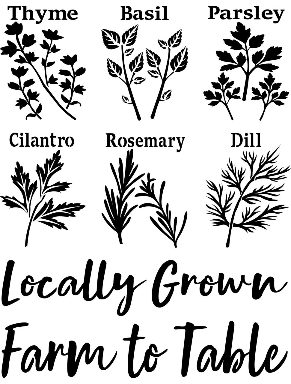 Belles and Whistles Locally Grown - Stencil provides an extra decorative touch to any project! Image of the Locally Grown Stencil. Six different herbs with the name and picture of the herb, Thyme, Basil, Parsley, Cilantro, Rosemary, and Dill. Beneath the herbs, there is large text that says "Locally Grown" and underneath that it says "Farm to Table."