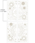 Image of Lunar Solstice Transfer. On the left, there is a crescent moon next to a cloud, surrounded by stars, clouds, Saturn, and suns. On the right, there is a sun surrounded by stars, clouds, Saturn, and more suns. "4 Sheets - 6 in. x 12 in. each"