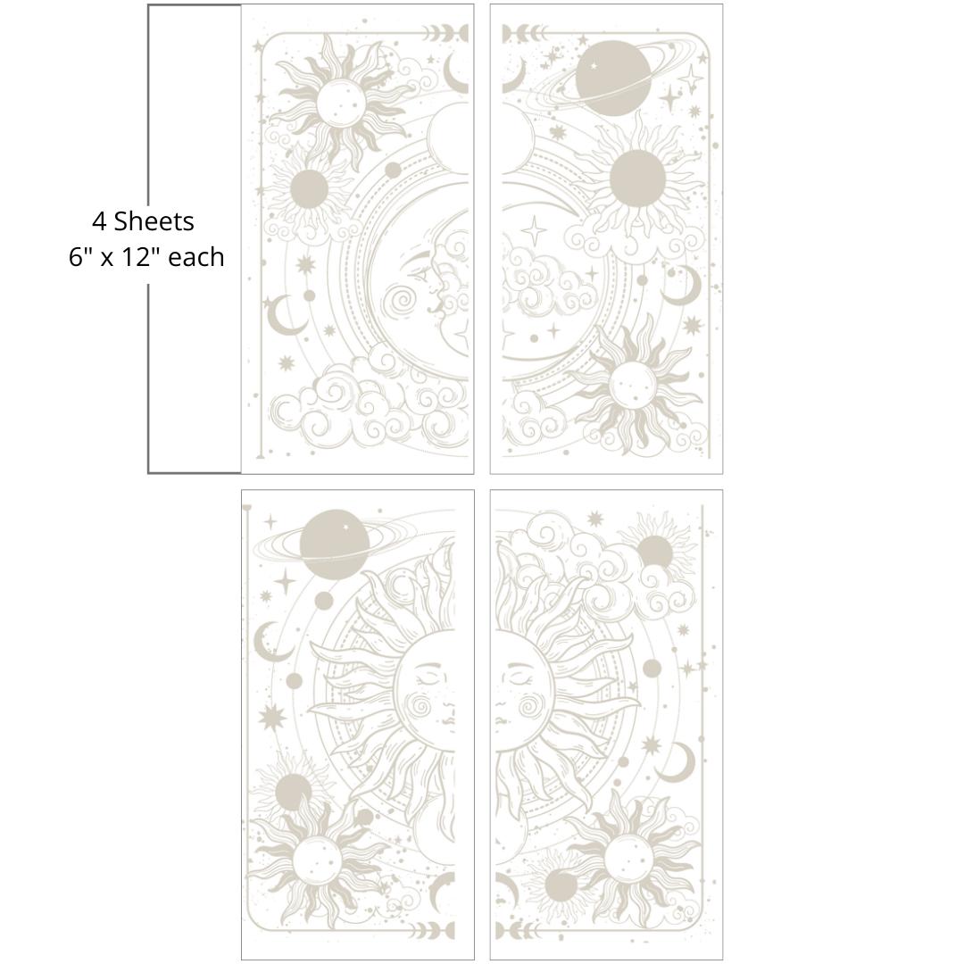 Image of Lunar Solstice Transfer. On the left, there is a crescent moon next to a cloud, surrounded by stars, clouds, Saturn, and suns. On the right, there is a sun surrounded by stars, clouds, Saturn, and more suns. "4 Sheets - 6 in. x 12 in. each"