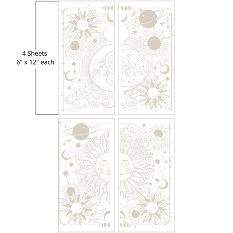 Image of Lunar Solstice Transfer. On the left, there is a crescent moon next to a cloud, surrounded by stars, clouds, Saturn, and suns. On the right, there is a sun surrounded by stars, clouds, Saturn, and more suns. "4 Sheets - 6 in. x 12 in. each"