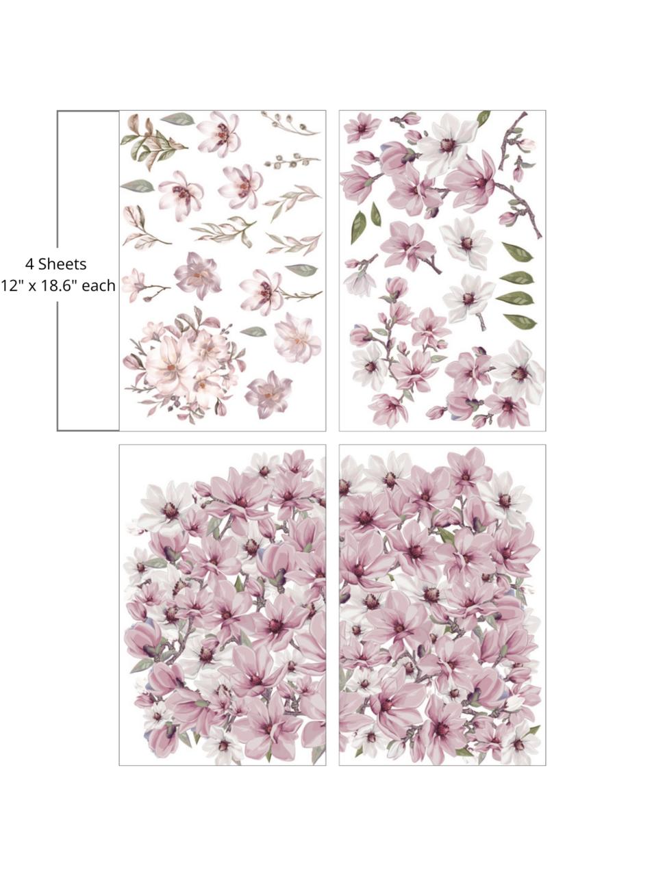 An artistic display of delicate purple flowers and green leaves arranged in a gradient from dense floral clusters on the left to isolated blooms and sprigs on the right. "4 Sheets- 12 in. x 18.6 in. each"