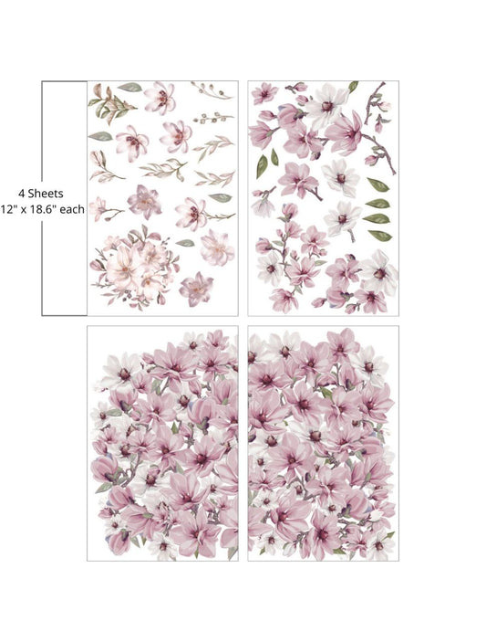 An artistic display of delicate purple flowers and green leaves arranged in a gradient from dense floral clusters on the left to isolated blooms and sprigs on the right. "4 Sheets- 12 in. x 18.6 in. each"
