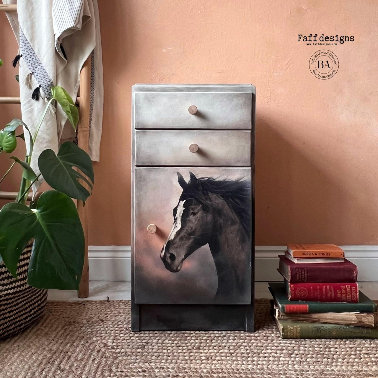 Black, tan, and white painted nightstand with the horse's face of the Majestic Horse decoupage paper applied on the front drawers.