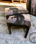 Black painted end tables with gold accents. The Majestic Horse decoupage paper has been applied on the top of the tables.