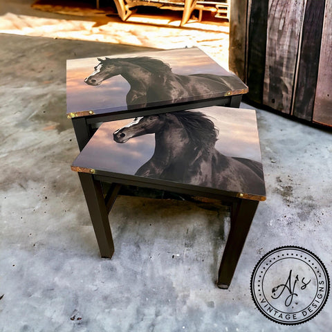 Black painted end tables with gold accents. The Majestic Horse decoupage paper has been applied on the top of the tables.