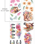 A collage of vibrant floral arrangements, cowboy boots, horseshoes, and cowboy boots, all embellished with colorful flowers and greenery. "4 Sheets- 6 in. x 12 in. each"