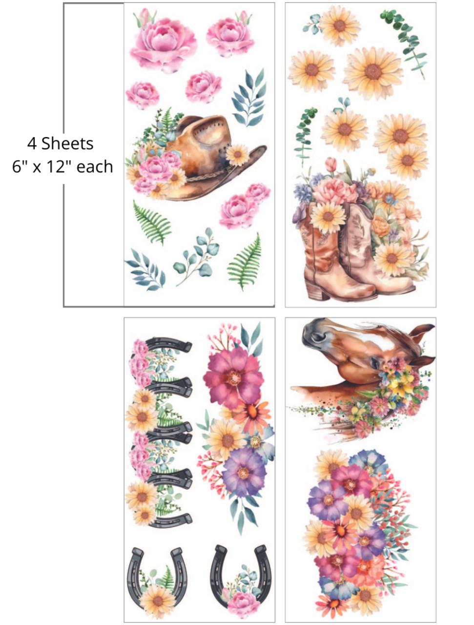 A collage of vibrant floral arrangements, cowboy boots, horseshoes, and cowboy boots, all embellished with colorful flowers and greenery. "4 Sheets- 6 in. x 12 in. each"