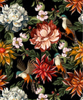 Floral pattern with large blooms in white, orange, red, and pink against a black background. Green leaves and detailed birds with blue, brown, and orange plumage are interspersed among the flowers.
