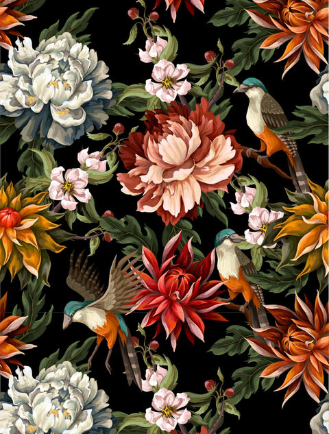 Floral pattern with large blooms in white, orange, red, and pink against a black background. Green leaves and detailed birds with blue, brown, and orange plumage are interspersed among the flowers.