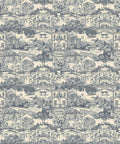 A seamless vintage wallpaper pattern featuring bucolic scenes with houses, trees, a bridge, and a river, styled in shades of blue and white.